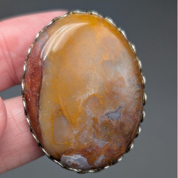 Unknown Other - Large Oval Agate Bolo Tie Slide Scalloped Bezel Western Southwestern Cabochon